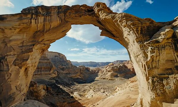A stunning natural rock arch stands majestically against a backdrop of blue skies and rugged terrain, showcasing the beauty of geological formations in a desert landscape.