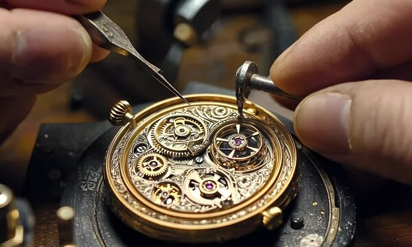 Close-up of a skilled watchmaker assembling intricate gears of a pocket watch.