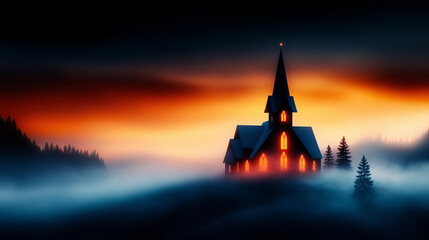 Obraz premium Illuminated chapel in a foggy sunrise landscape