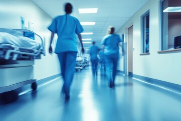 Busy Hospital Corridor with Medical Staff in Action