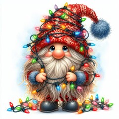Adorable Christmas Gnome Tangled in Colorful Fairy Lights