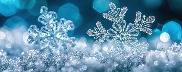 Beautiful snowflakes falling against a serene dark blue background
