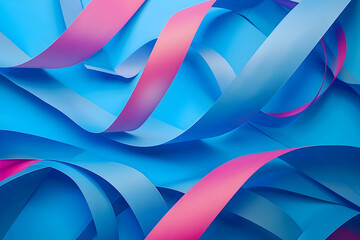 close up view of curved paper stripes on neon blue background