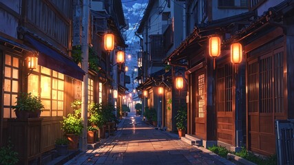 Cozy Tokyo Street at Night Illustration