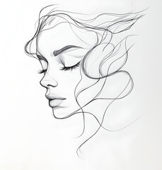 Fototapeta premium simple line drawing of an elegant woman's face, with her hair and eyelashes flowing in the wind. 