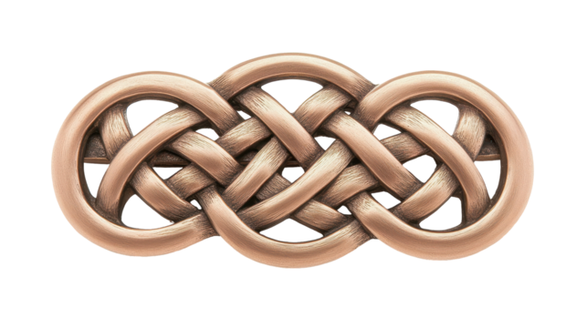 A gold colored celtic knot brooch with a silver center. transparent background