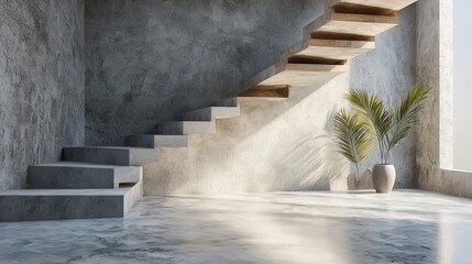 3D render of minimalist architecture with a floating staircase