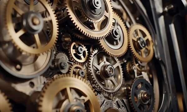 Close-up of intricate clockwork gears showcasing mechanical engineering.