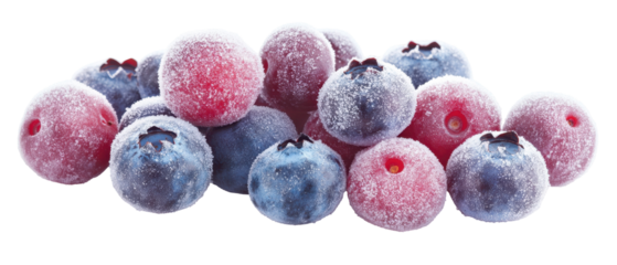A bunch of blue and red berries with frosting on them. transparent background