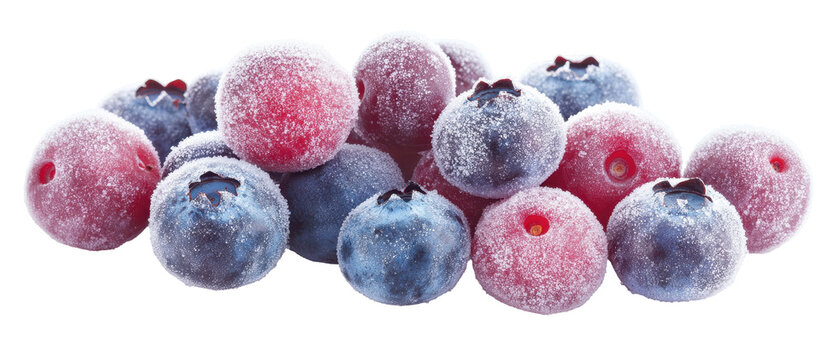 A bunch of blue and red berries with frosting on them. transparent background