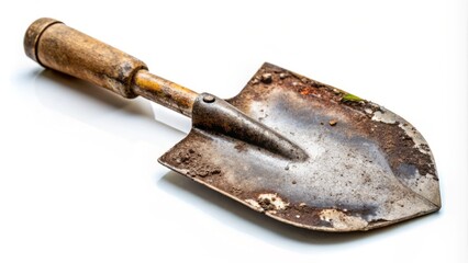 Vintage Shovel Isolated on White Background with Detailed Texture and Wear, Perfect for Gardening or Antique Collectibles, Highlighting Rustic Charm and History in Simple Elegance