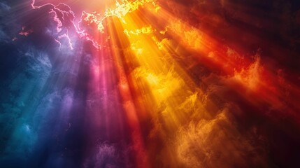 Ethereal Burst of Colorful Light Shining Through Dramatic Clouds in an Atmospheric Landscape with Rays of Sunlight and Vibrant Hues of Red, Orange, Yellow, and Purple