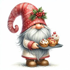 Adorable Christmas Gnome Baker Holding Tray of Festive Cupcakes
