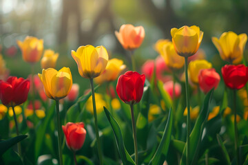 selective focus of field with yellow colorful tulips