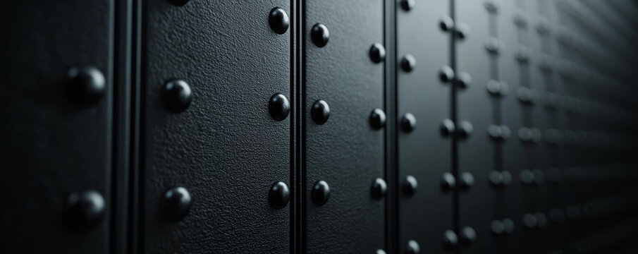 Secure corporate vault with textured black metal surface and rivets, conveying strength and protection. Ideal for themes of security and confidentiality