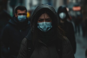 Urban Scene with People Wearing Masks in Winter