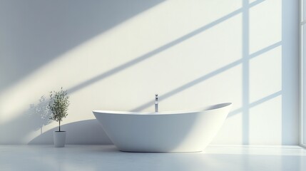 A contemporary white bathtub with a sleek, minimalist design, standing out against a pristine white background.