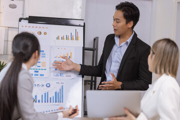 Asian business teamwork working on digital tablet with analysis report and advisor showing plan, Financial analysis and Marketing teamwork concept.