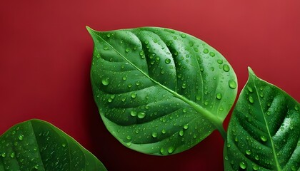 Dewdrops on leaves, natural pattern, botanical scene, 3D illustration.