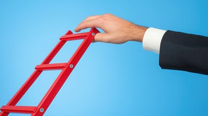 A hand in a business suit reaches out to grab a red ladder, symbolizing a helping hand or an opportunity for advancement.