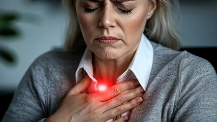 Cardiac event: visualizing intense moment of heart attack, capturing expression of discomfort and fear on a person face as they grasp their chest, underscoring importance of recognizing symptoms.