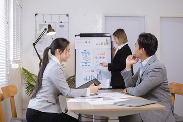 Asian business teamwork working on digital tablet with analysis report and advisor showing plan, Financial analysis and Marketing teamwork concept.