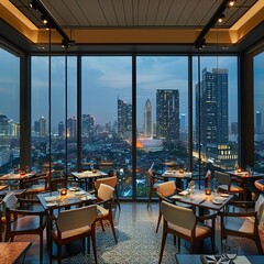 Modern Rooftop Restaurant with Panoramic City Skyline Views and Elegant Contemporary Decor