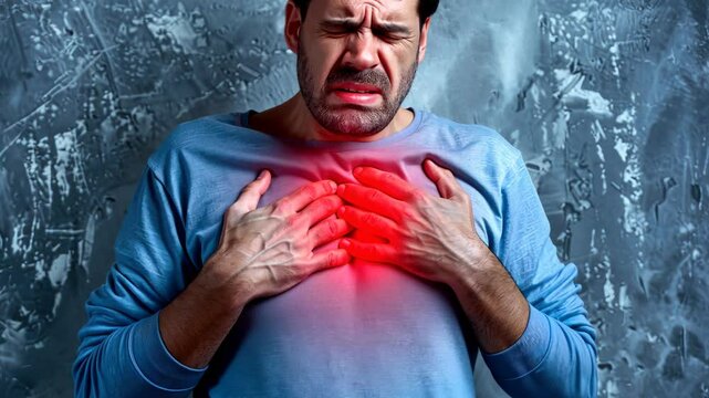 Emergency awareness: portraying the critical moment of heart attack, highlighting person in visible agony as they clutch their chest, drawing attention to urgency, seriousness of heart health issues.