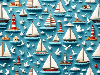 3D Pattern of Sailboats, Lighthouses, and Seagulls for a Nautical-Themed Travel Background