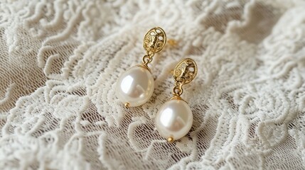 A pair of delicate pearl earrings with gold accents, resting on a white lace background.