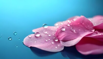 Dewdrops on petals, natural reflection, macro focus, 3D illustration.