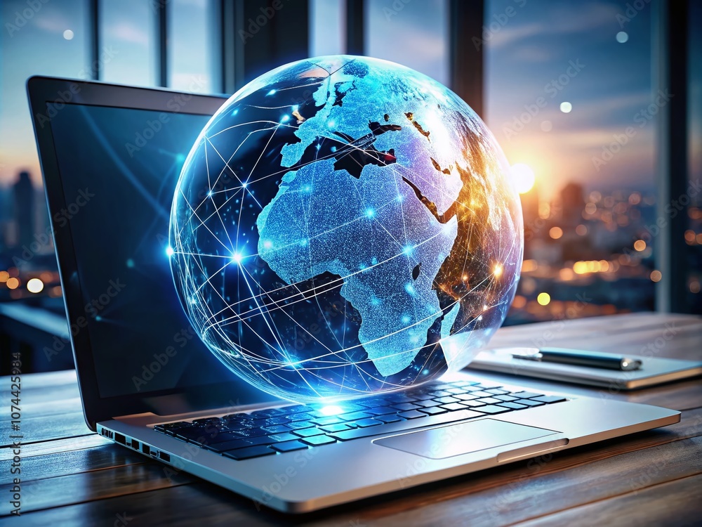 Poster a detailed globe with digital circuit patterns above an open laptop keyboard, representing global co