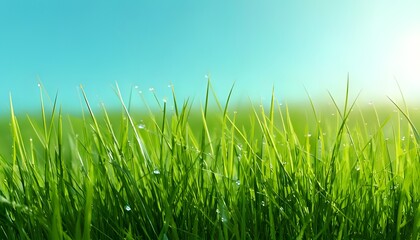 Fototapeta premium Dew-laden grass, vivid close-up, morning light, outdoor setting, 3D illustration.