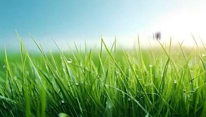 Fototapeta premium Dew-laden grass, vivid close-up, morning light, outdoor setting, 3D illustration.