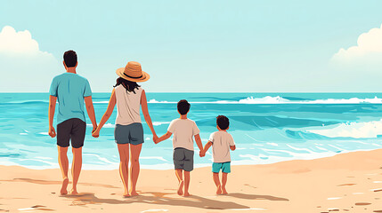 Happy family walking hand in hand along the beach, enjoying a relaxing family getaway with the waves in the background 