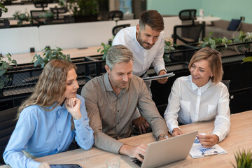 Fototapeta premium Successful businesspeople working in a coworking space working with laptop discussing strategy and business plan in modern office.