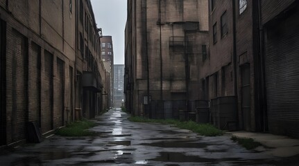 Scary dark city Chicago alley next to an urban warehouse.generative.ai