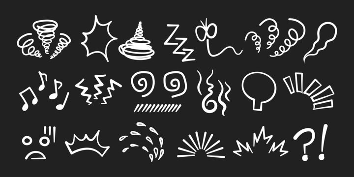 Manga or anime comic emoticon element graphic effects hand drawn doodle vector illustration set isolated on black background. Line style manga doodle line expression scribble anime mark collection.