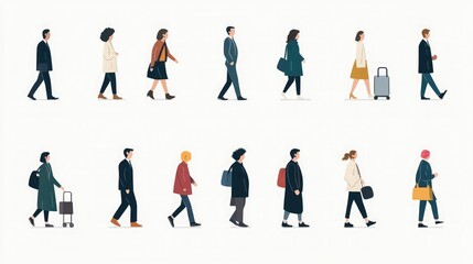 A diverse group of people walk in different directions, some carrying bags, others with suitcases, all going about their day.