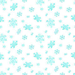 Seamless pattern with freely flying and falling hand drawn snowflakes. Decorative festive ornament in cartoon stile for wrapping paper, wallpaper, covers and holiday textile. Winter background