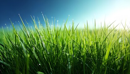 Obraz premium Dew-laden grass, vivid close-up, morning light, outdoor setting, 3D illustration.