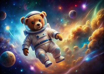 Fototapeta premium Adorable Illustration of a Teddy Bear in an Astronaut Suit Floating in Space with a Cosmic Background and Ample Copy Space for Text or Branding Purposes