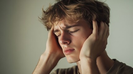 Fototapeta premium Young man experiences discomfort in the neck accompanied by a throbbing headache.