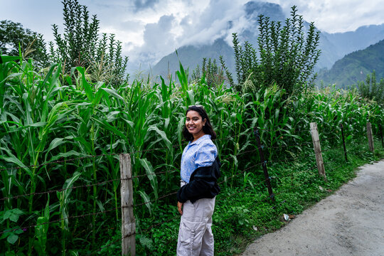 beautiful young indian woman enjoying the lush corn plantation during monsoon in the foothills of Himalayas mountain in parvati valley, Himachal Pradesh, India	