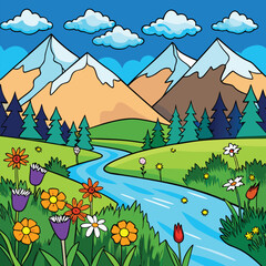 Obraz premium Serene Meadow Between Snow-Capped Mountains: Colorful Wildflowers, Sparkling Stream, and Clear Blue Sky in a Peaceful Landscape