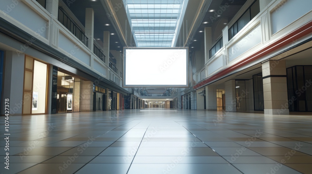 Poster a large empty mall with a white sign hanging from the ceiling