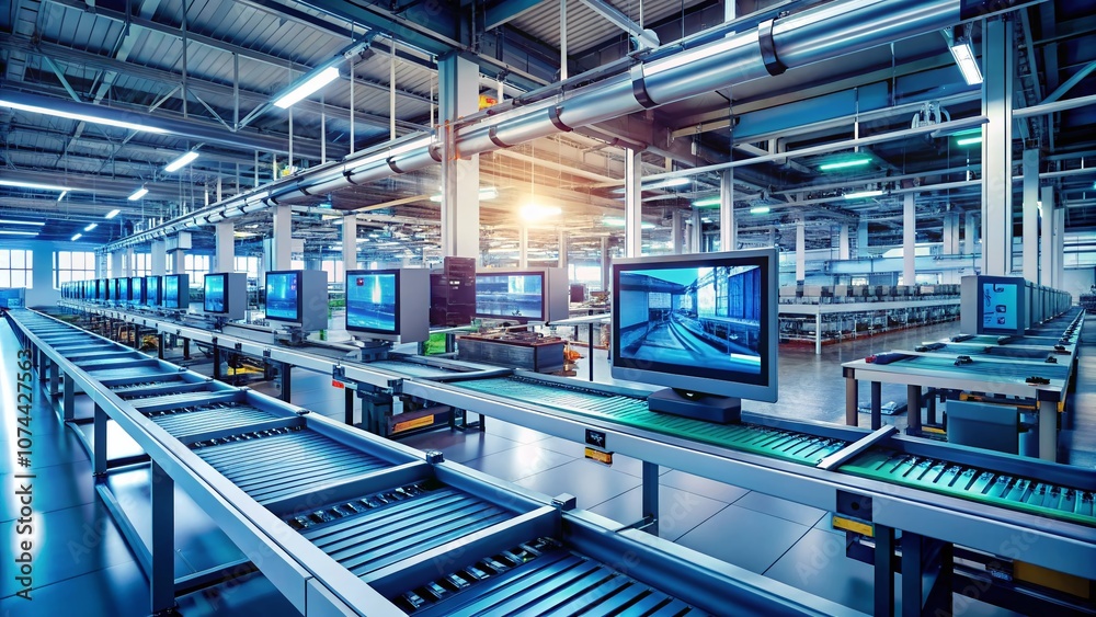Poster advanced factory computer system overseeing automated machinery on conveyor line in modern productio