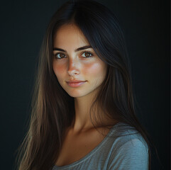 Naklejka premium young woman 25 - 30 years old, brunette, long hair, hazel eyes, cute, studio background