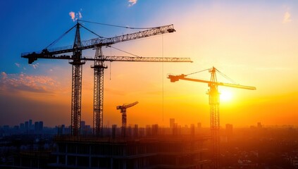 Construction Cranes at Sunset
