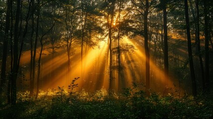 Obraz premium Ethereal Forest Scene with Sunlight Streaming Through Trees Creating a Magical Atmosphere in Nature, Capturing Beauty and Tranquility of Outdoor Environment